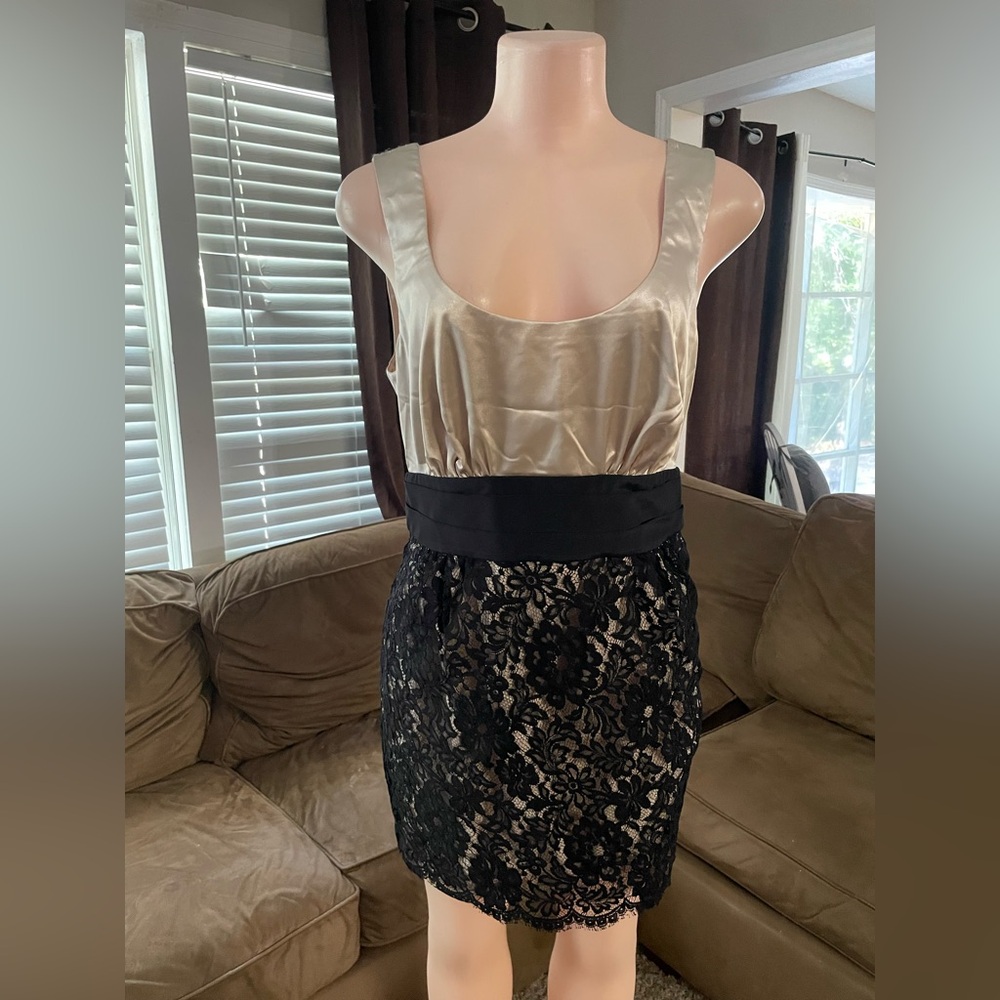 Single cocktail Elegant Black Lace and Silver Satin Dress Large classy